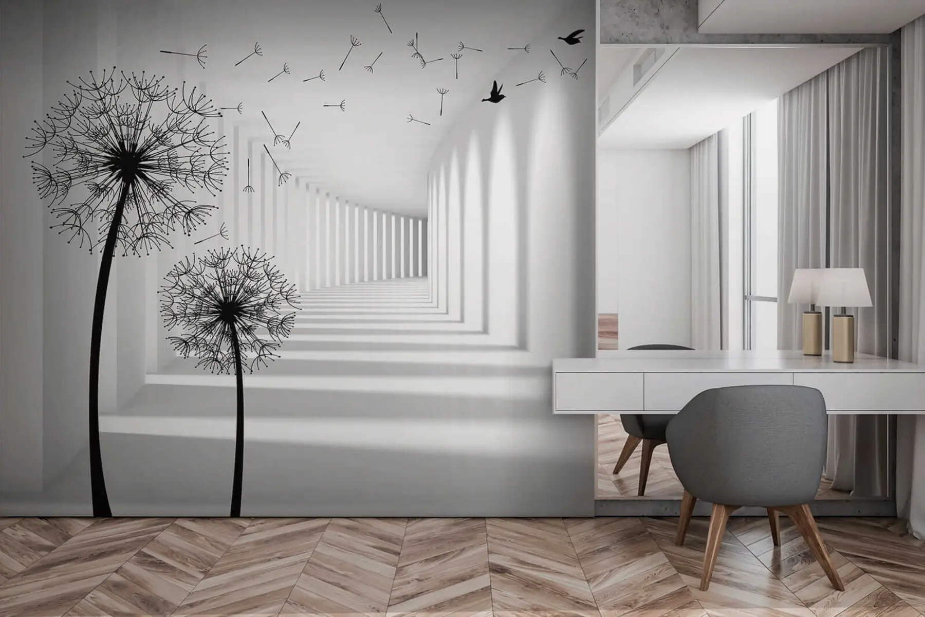 Fototapetai 3D tunelis ir pienės u37803