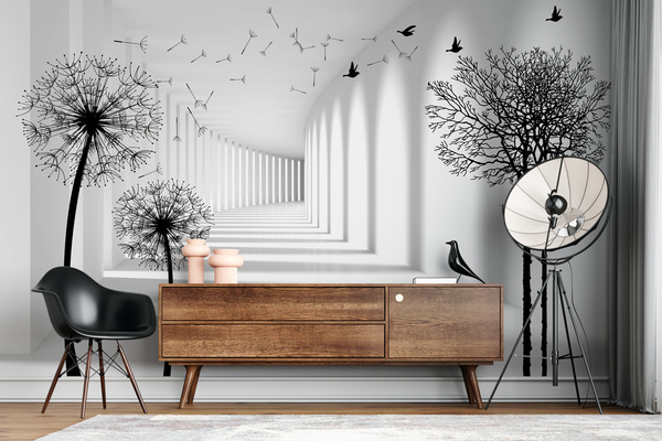 Užsklandos 3D tunelis ir pienės, Fototapetai juoda ir balta, u37803 : Uwalls.lt