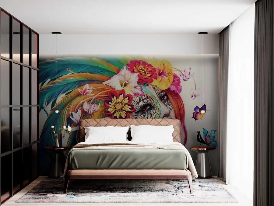 Fototapetai Mergaitė su plunksnomis ir gėlėmis u46277