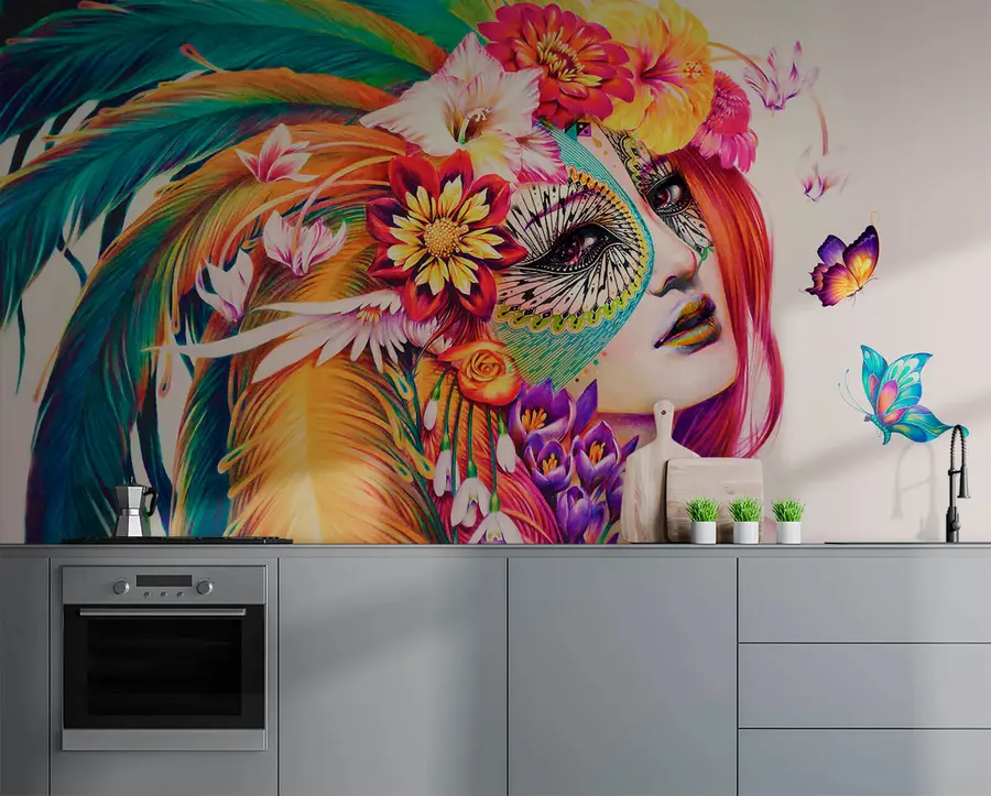 Fototapetai Mergaitė su plunksnomis ir gėlėmis u46277