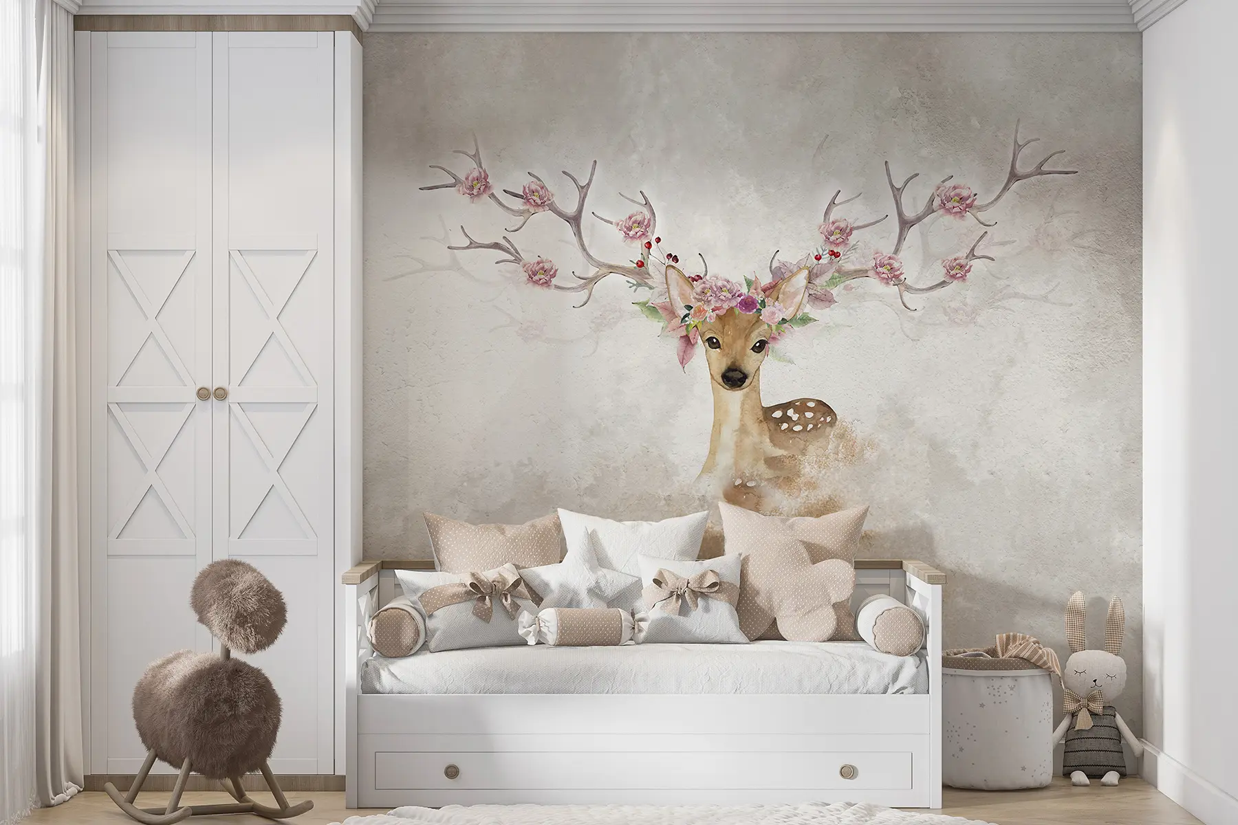 Fototapetai Elniai su gėlėmis ant ragų u04671d1