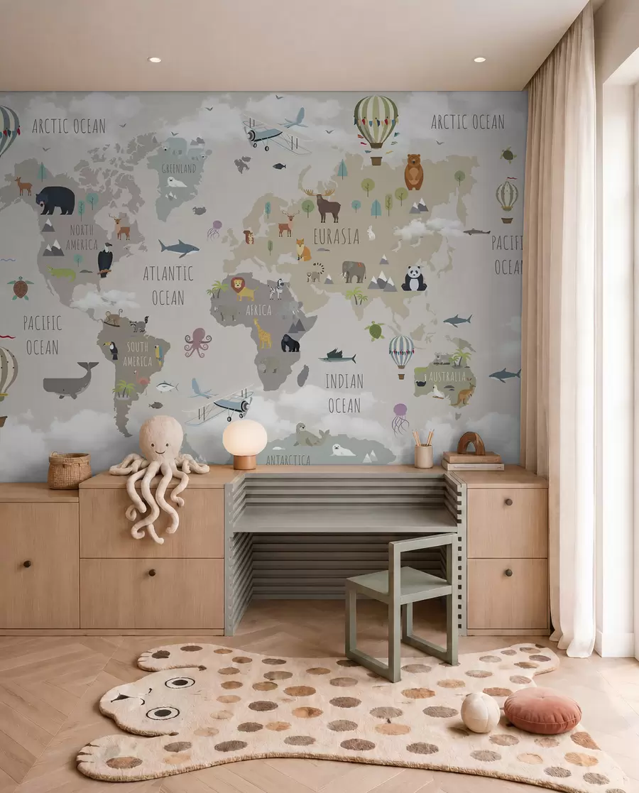 Fototapetai Pasaulio žemėlapis su gyvūnais ir balionais u96461d2