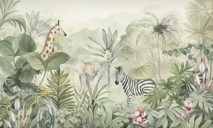 Fototapetai Džiunglių miškas, palmės, žirafa, dramblys, zebras, akvarelė, žaluma, bananmedis, gėlės w00089