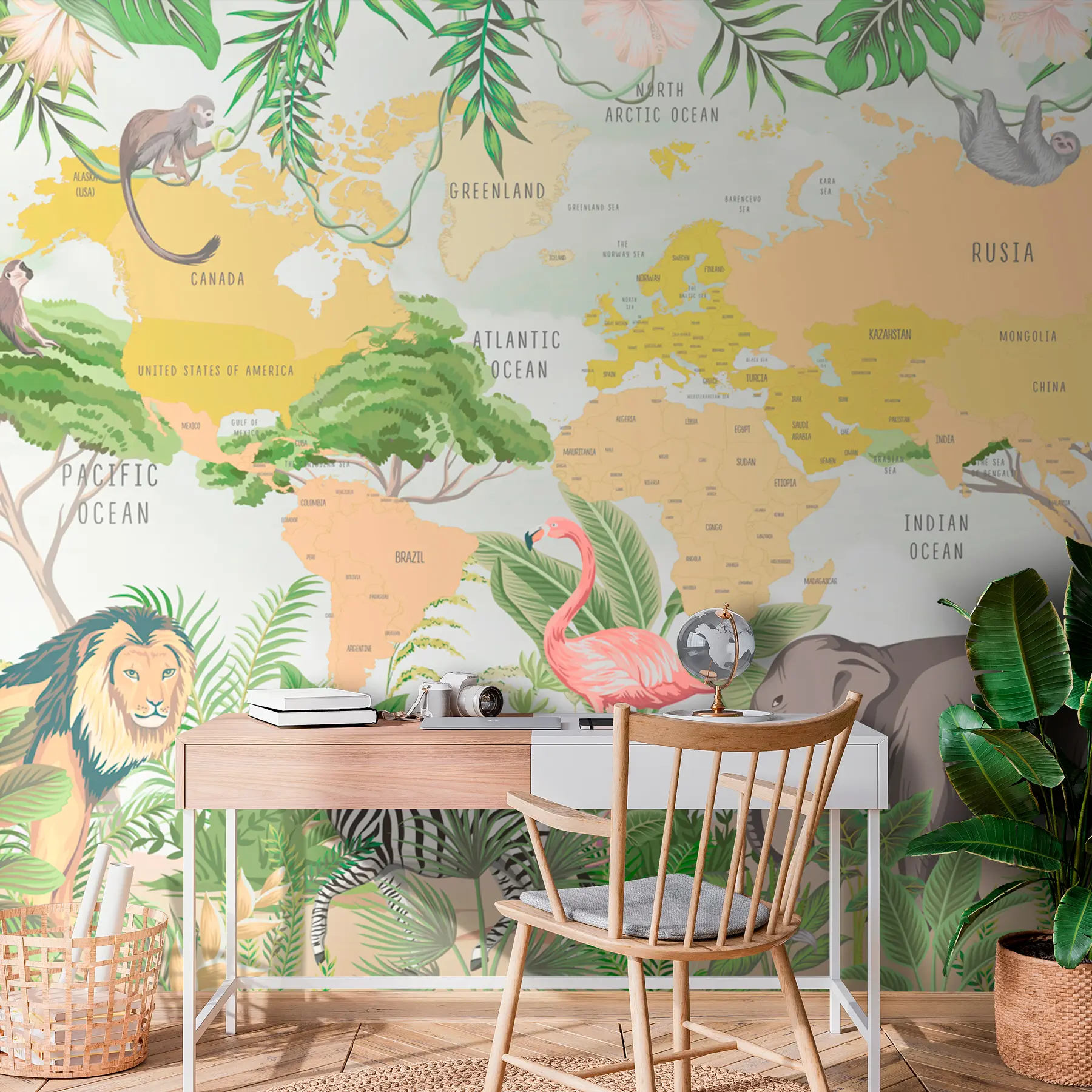 Fototapetai Vaikų pasaulio žemėlapis tropiniu stiliumi Džiunglės ir gyvūnai w00373