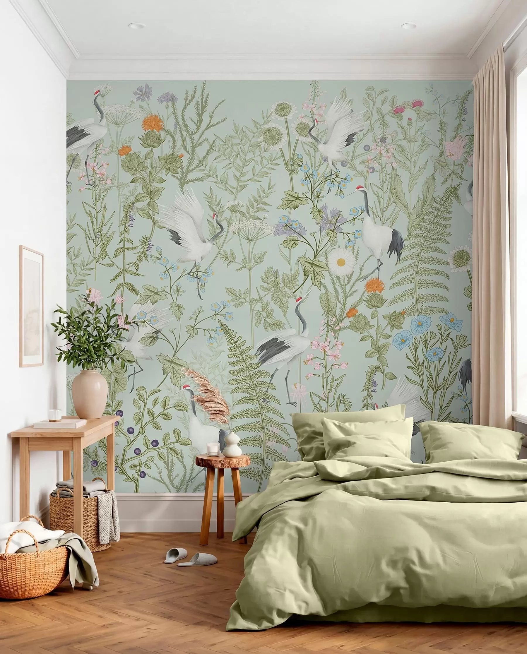 Fototapetai Gėlių ornamentas su paukščiais, kaimiškas stilius, botaninis, pieva, mėlynas fonas w00380v4