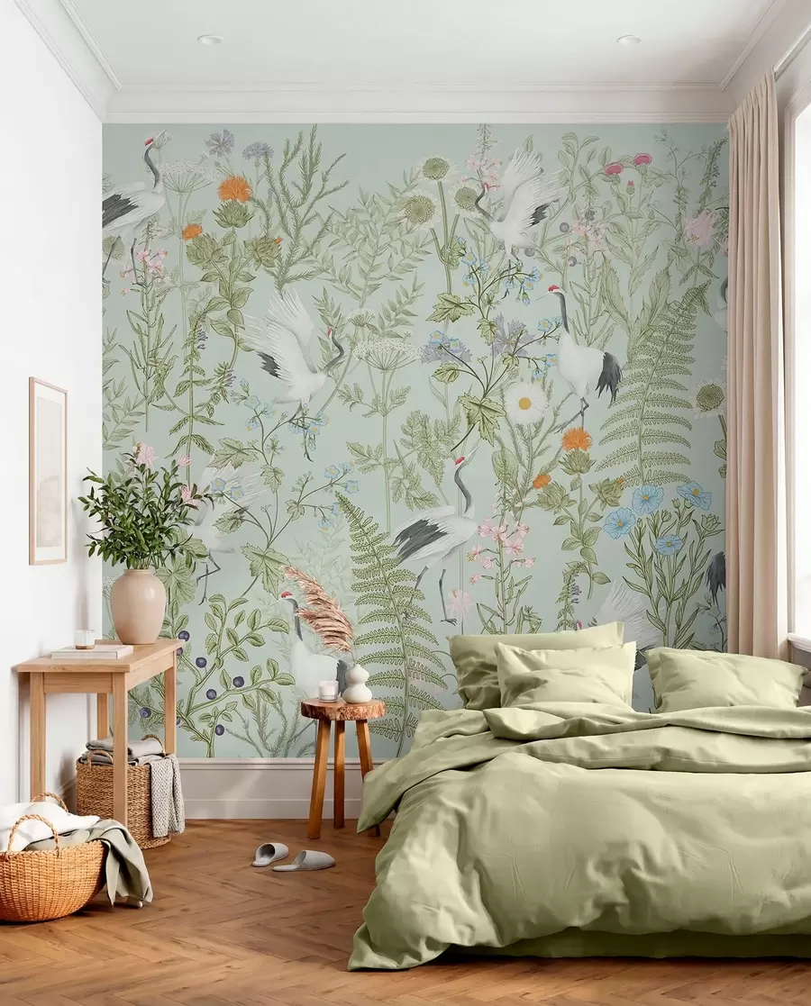 Fototapetai Gėlių ornamentas su paukščiais, kaimiškas stilius, botaninis, pieva, mėlynas fonas w00380v4