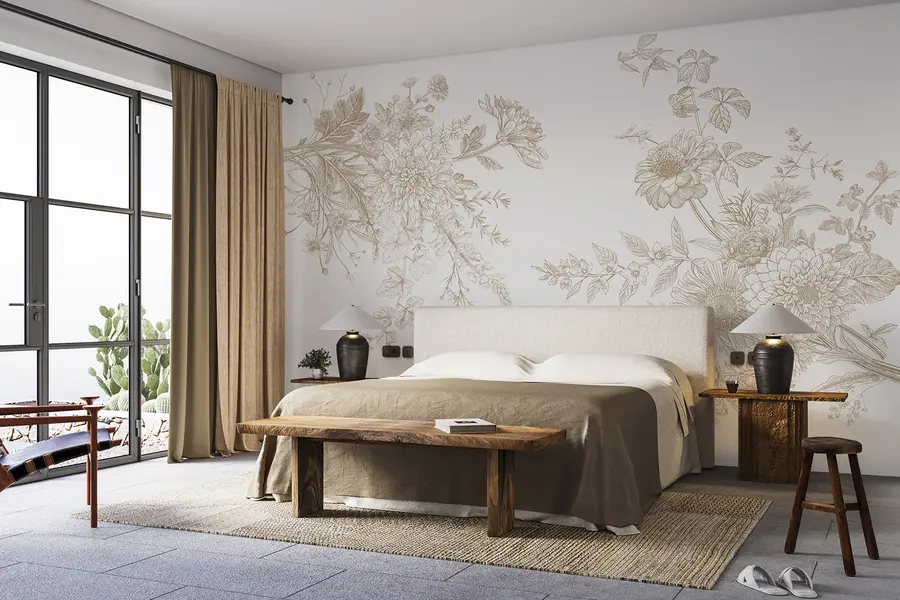 Fototapetai Gėlių ornamentas, minimalizmas, linijų menas, boho stilius, kaimiškas, bijūnas, margučiai, smėlio spalvos, pieva w00381v4