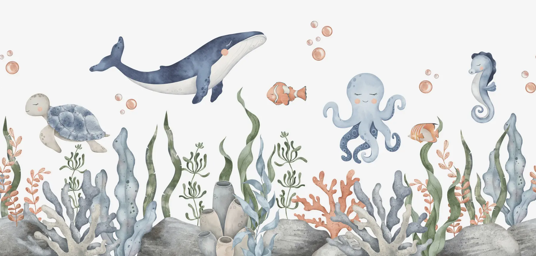 Fototapetai Povandeninis pasaulis su banginiu, aštuonkoju, vėžliu w00383