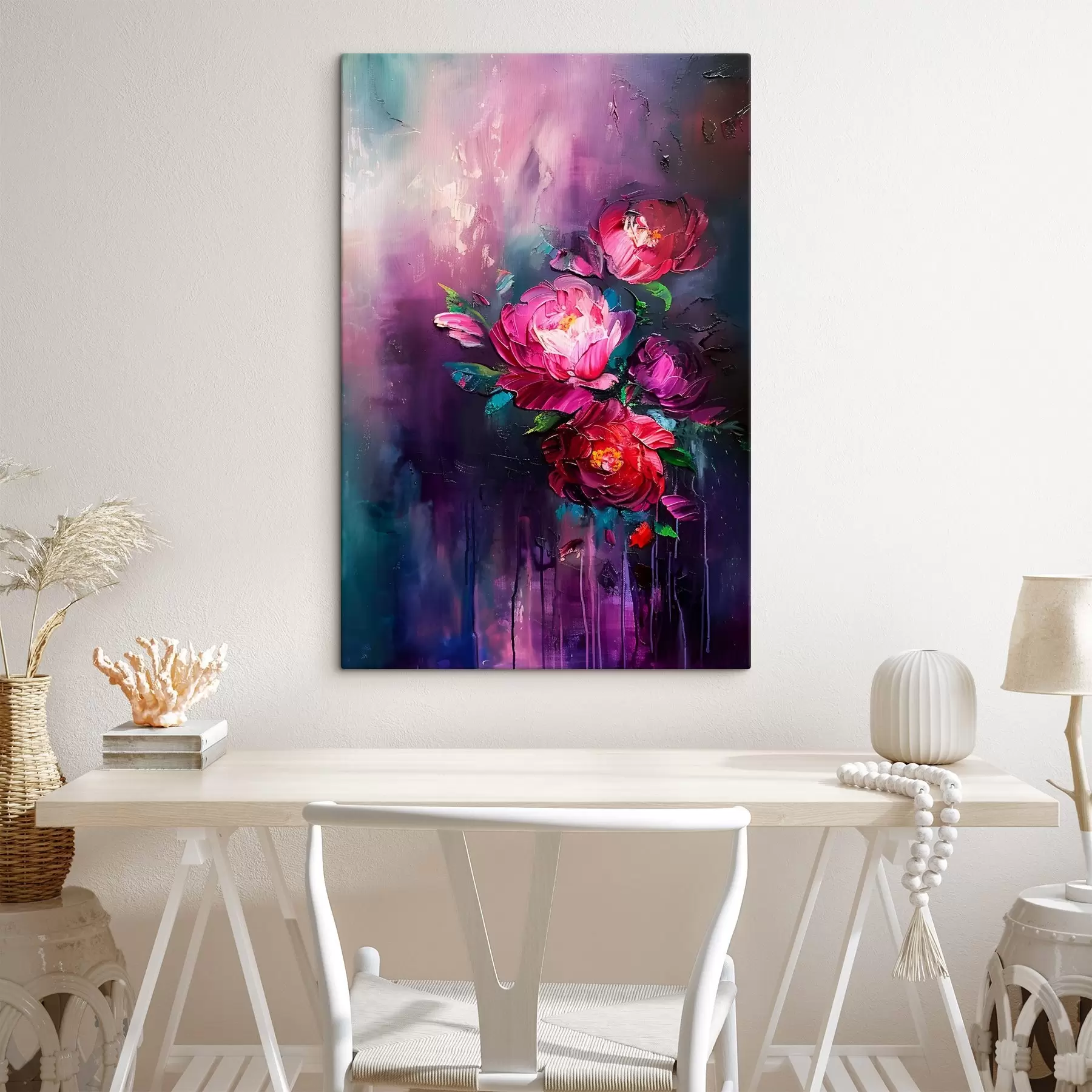 Fototapetai Piešiamas rožes, žydinčias gėles aliejinės tapybos stiliumi, tamsiai violetiniame fone  s38108