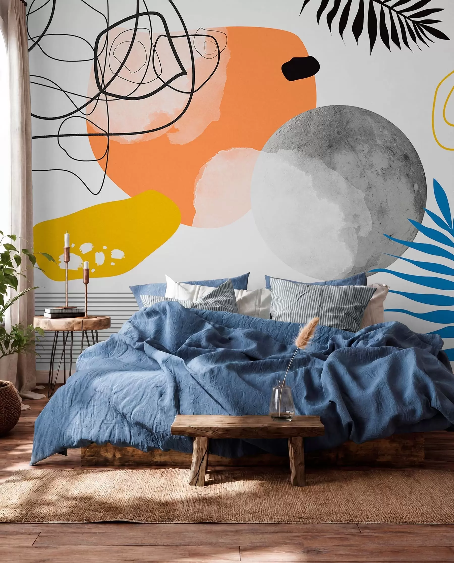 Fototapetai Abstraktus modernus, minimalizmas, boho, geometrija, akvarelės dėmės, mėnulio pilnatis, palmės lapų siluetas, topografija, sudėtingumas, oranžinė, geltona, pilka w00508