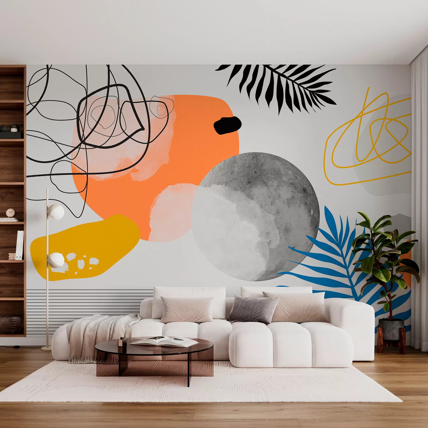 Fototapetai Abstraktus modernus, minimalizmas, boho, geometrija, akvarelės dėmės, mėnulio pilnatis, palmės lapų siluetas, topografija, sudėtingumas, oranžinė, geltona, pilka w00508