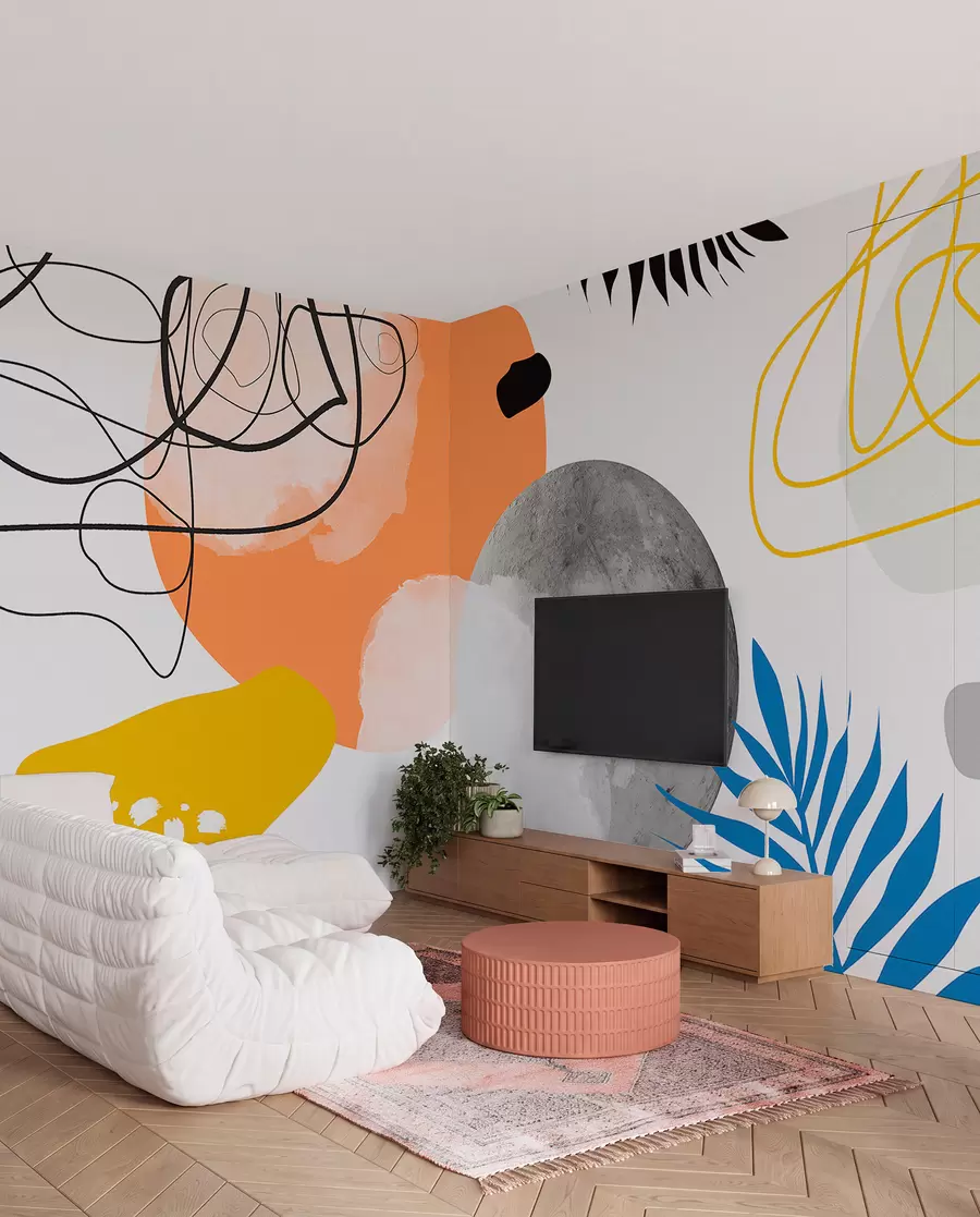 Fototapetai Abstraktus modernus, minimalizmas, boho, geometrija, akvarelės dėmės, mėnulio pilnatis, palmės lapų siluetas, topografija, sudėtingumas, oranžinė, geltona, pilka w00508