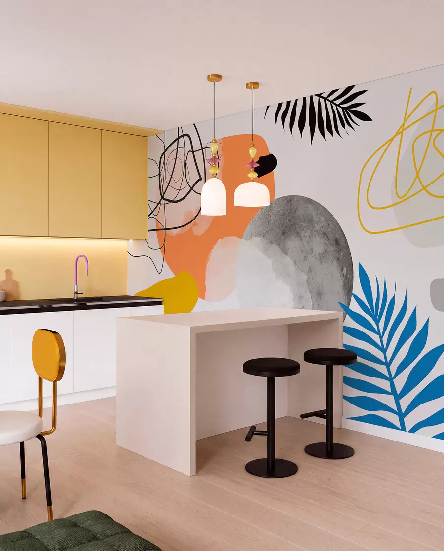 Fototapetai Abstraktus modernus, minimalizmas, boho, geometrija, akvarelės dėmės, mėnulio pilnatis, palmės lapų siluetas, topografija, sudėtingumas, oranžinė, geltona, pilka w00508