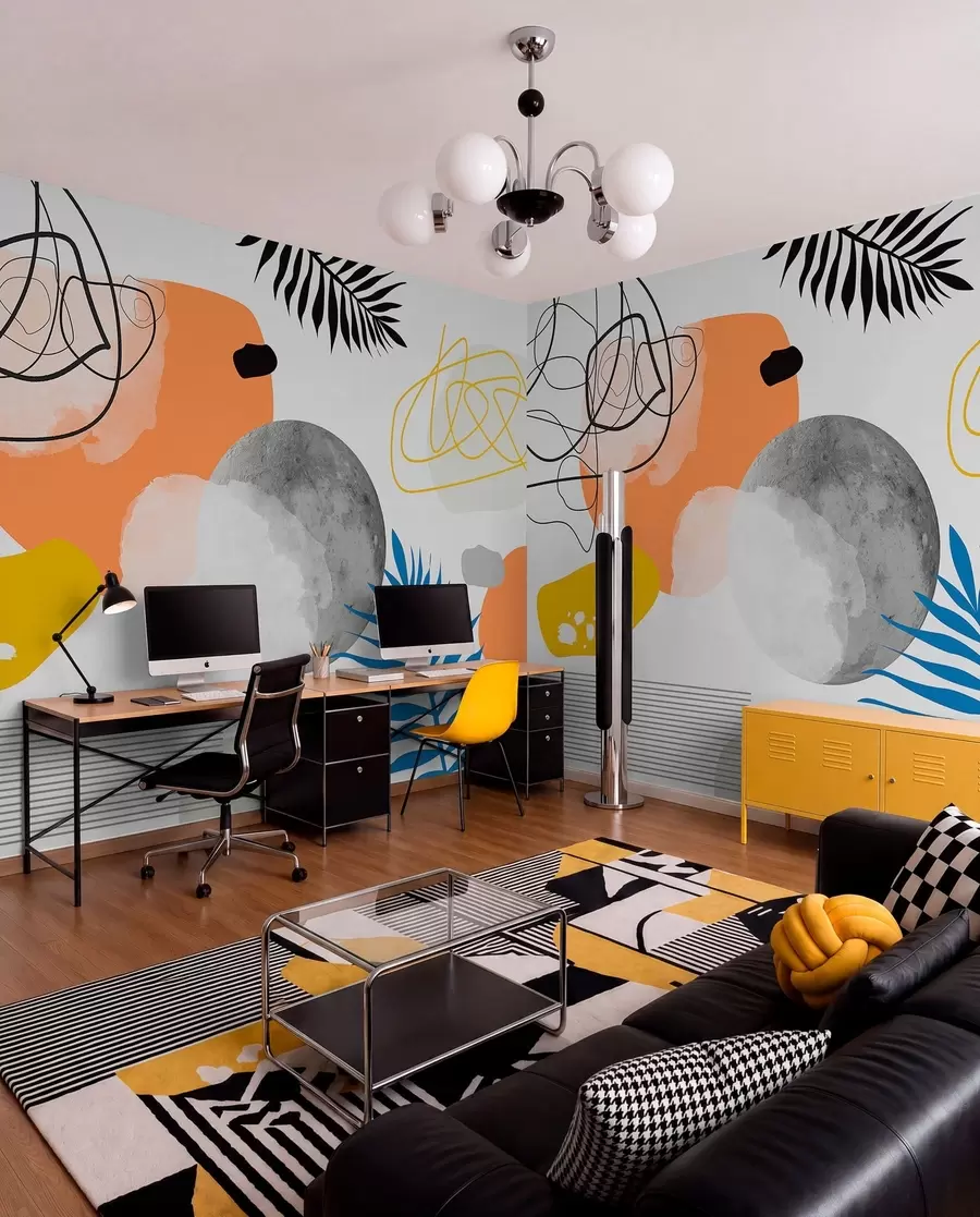 Fototapetai Abstraktus modernus, minimalizmas, boho, geometrija, akvarelės dėmės, mėnulio pilnatis, palmės lapų siluetas, topografija, sudėtingumas, oranžinė, geltona, pilka w00508