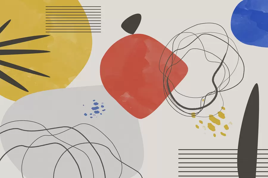 Fototapetai Abstrakcija modernus, šviesi dėmė, boho, geometrija, topografija, kreivės, linijos, raudona, geltona, mėlyna, juoda w00514