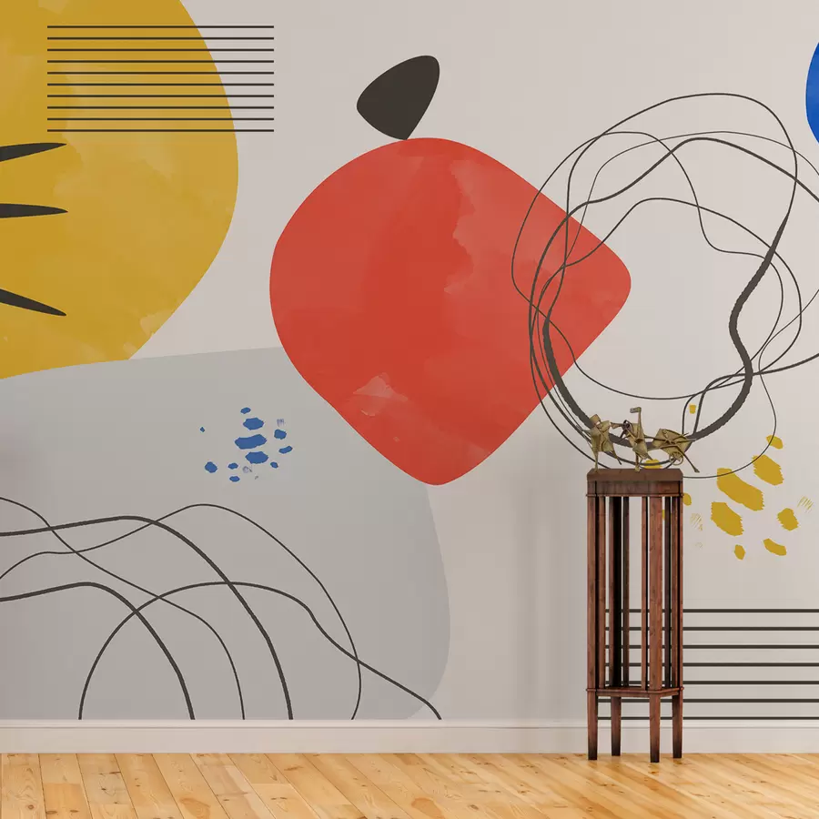 Fototapetai Abstrakcija modernus, šviesi dėmė, boho, geometrija, topografija, kreivės, linijos, raudona, geltona, mėlyna, juoda w00514