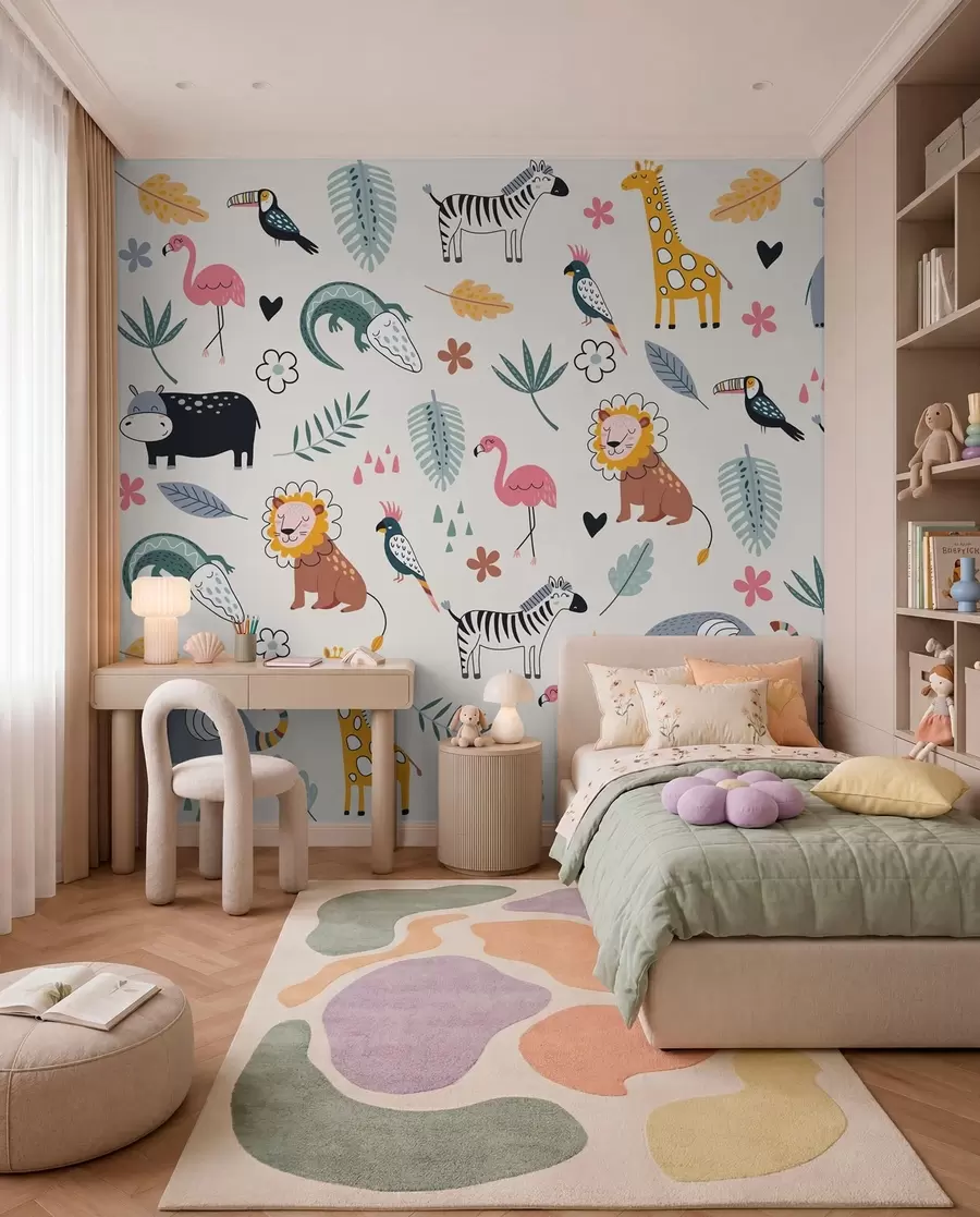 Fototapetai gyvūnai, liūtai, žirafos, drambliai, lapai, kūdikio kambarys w00555
