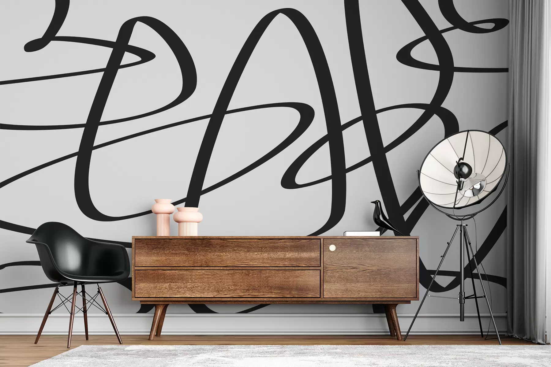 Fototapetai Juodos kreivės ištisinė susukta linija, rašalas, abstraktus w00583