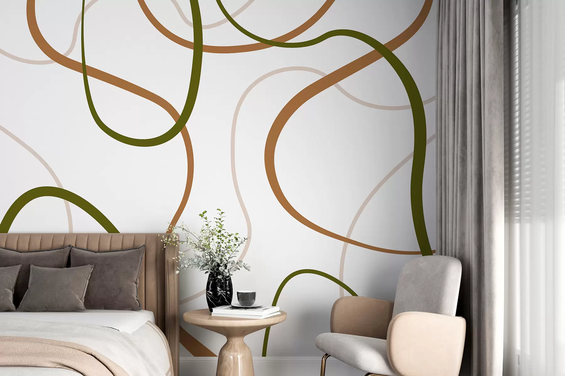 Fototapetai Abstrakčios linijos, minimalistinis, geometrinis raštas, žalia ir smėlio spalvos w00594