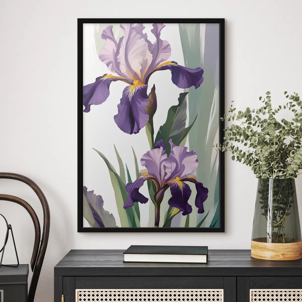 Plakatas Dvi ryškios violetinės rainelės gėlės geltonais centrais f38367