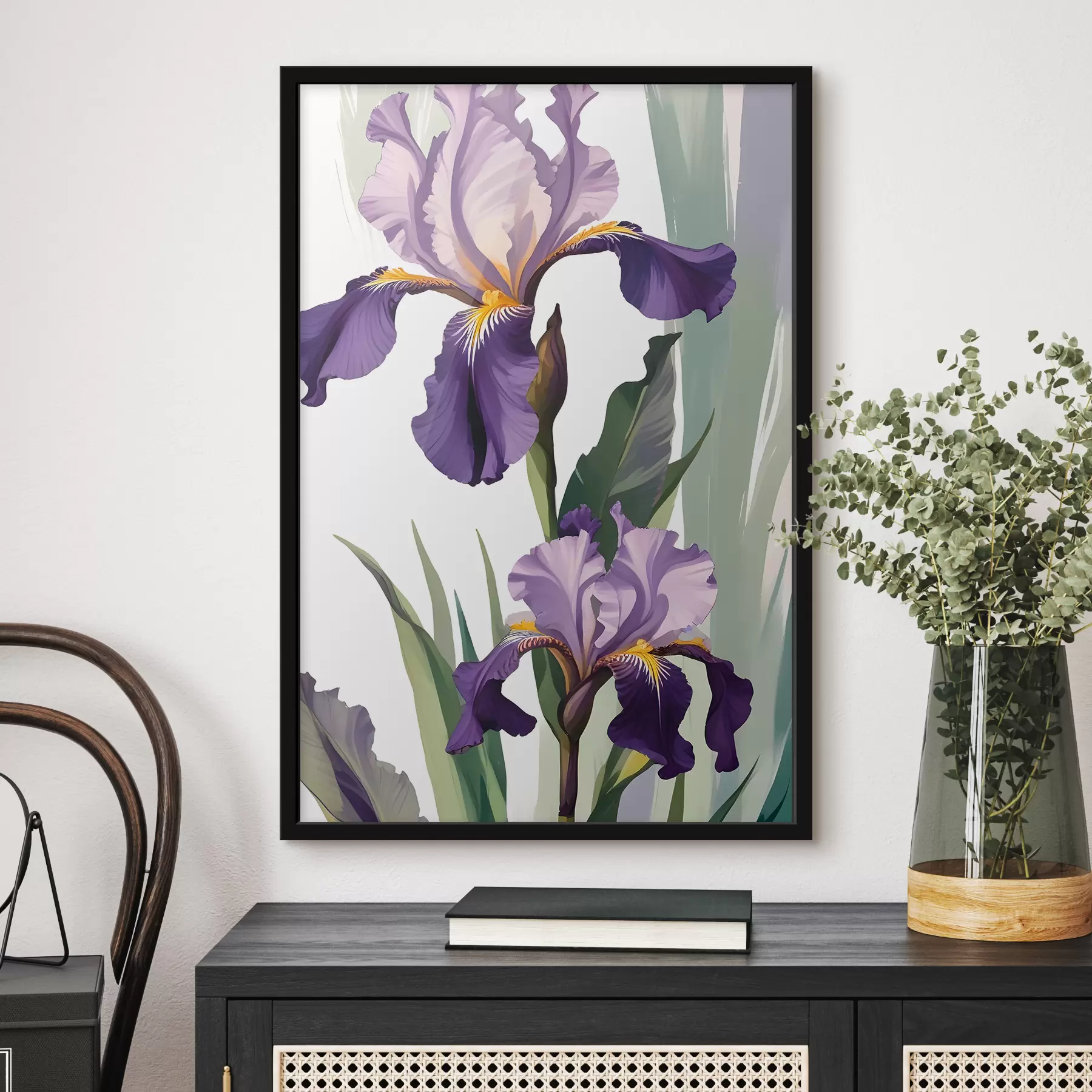 Paveikslėlis Dvi ryškios violetinės rainelės gėlės geltonais centrais f38367