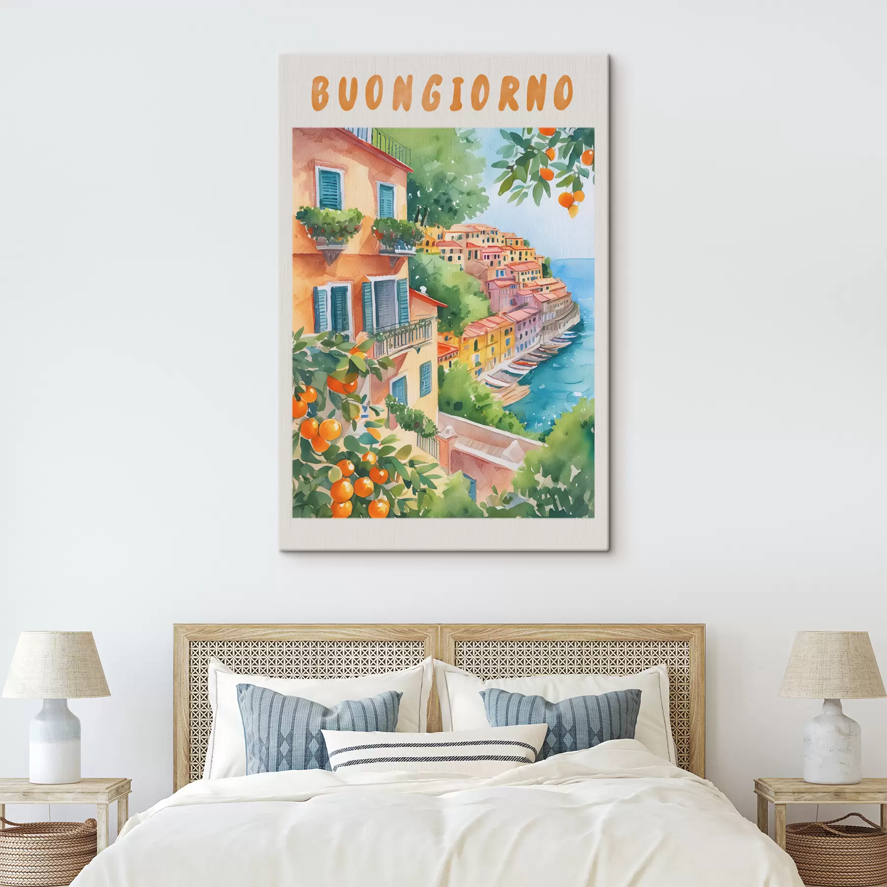 Paveikslėlis Italijos miesto architektūra, Amalfio jūros pakrantė, vasara, akvarelė, citrinmedis s38393