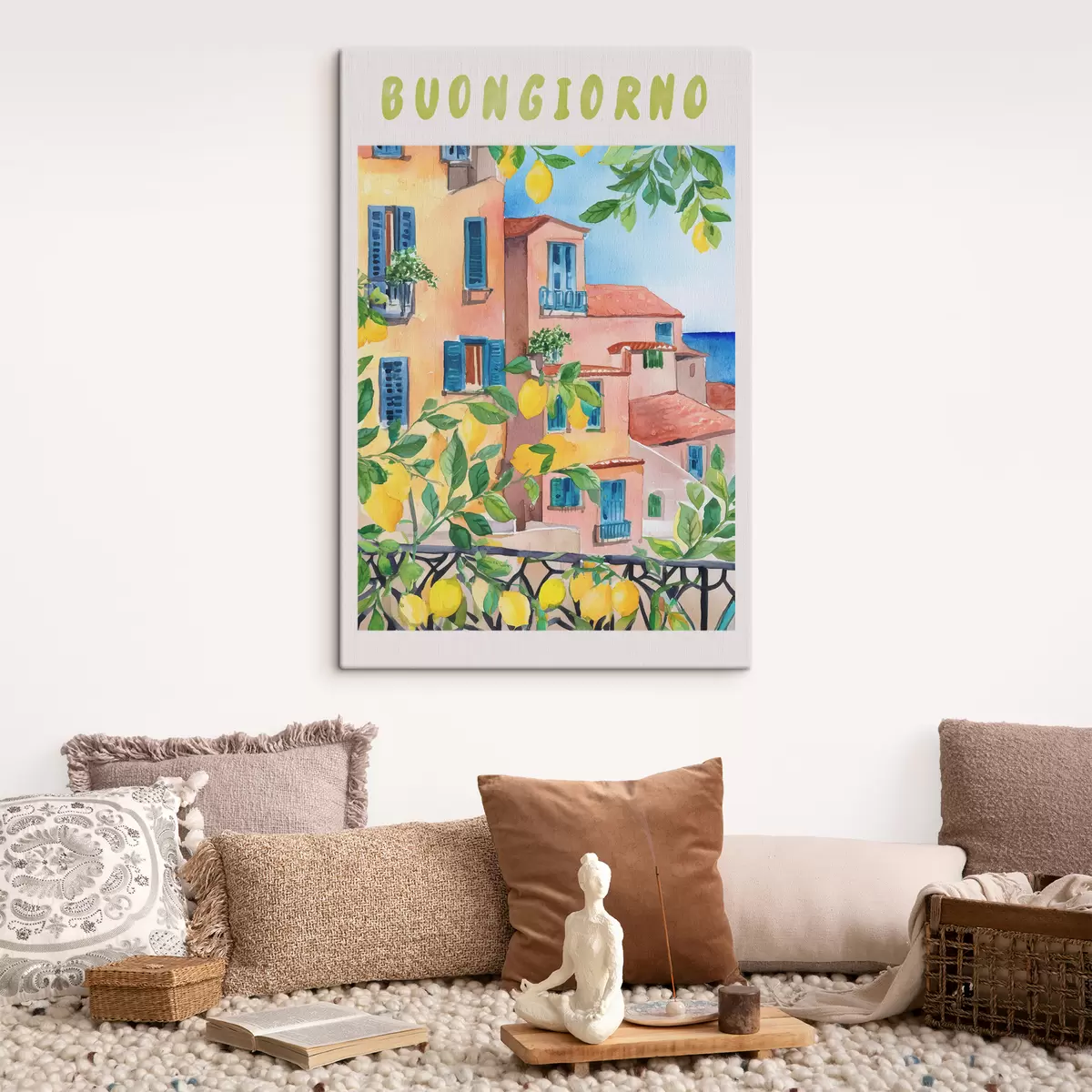 Paveikslėlis Italijos miesto architektūra, jūros pakrantė, vasara, akvarelė, citrinmedis s38395