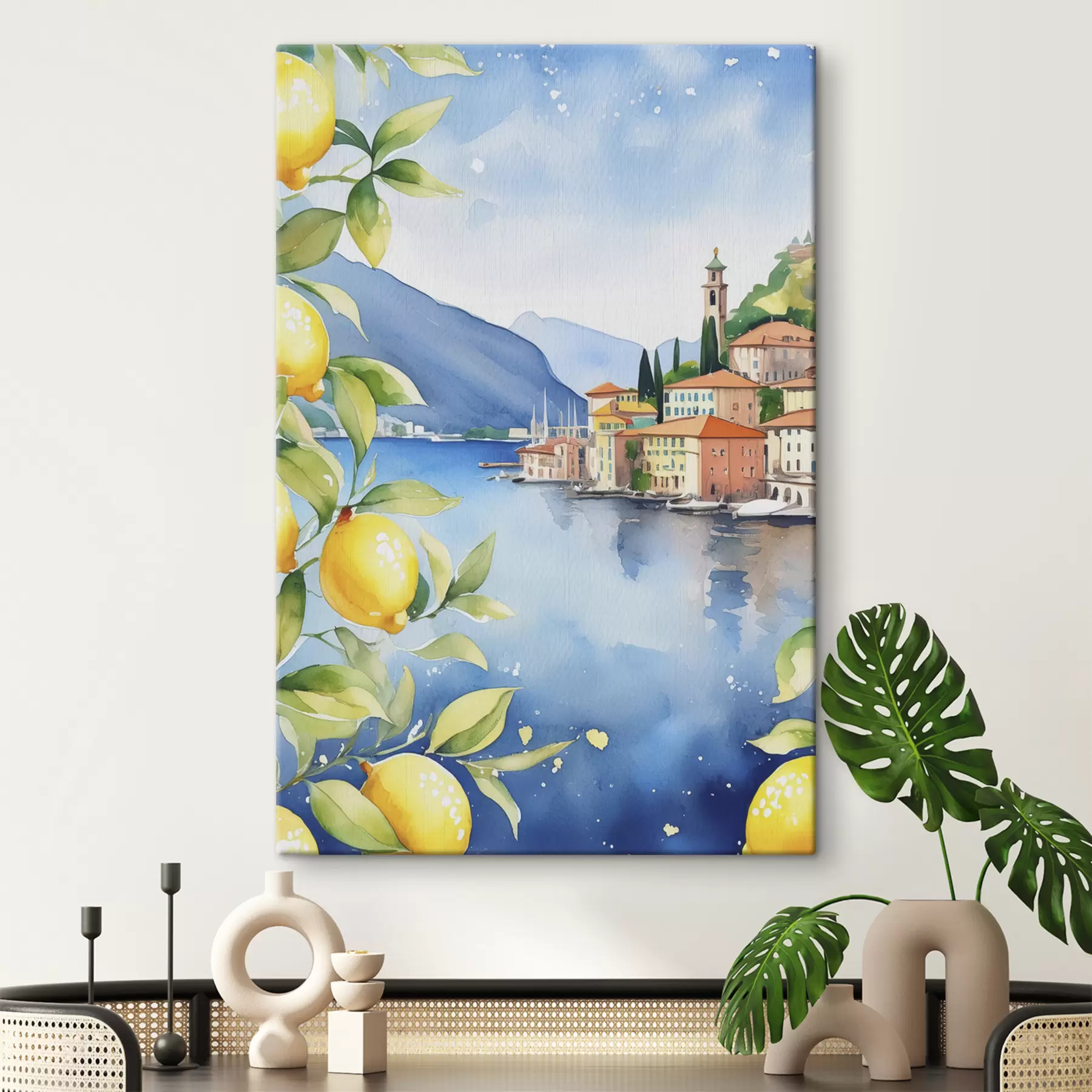 Fototapetai Italijos ežeras, vasara, akvarelė, gamtos peizažas, citrinos, miesto architektūra s38397