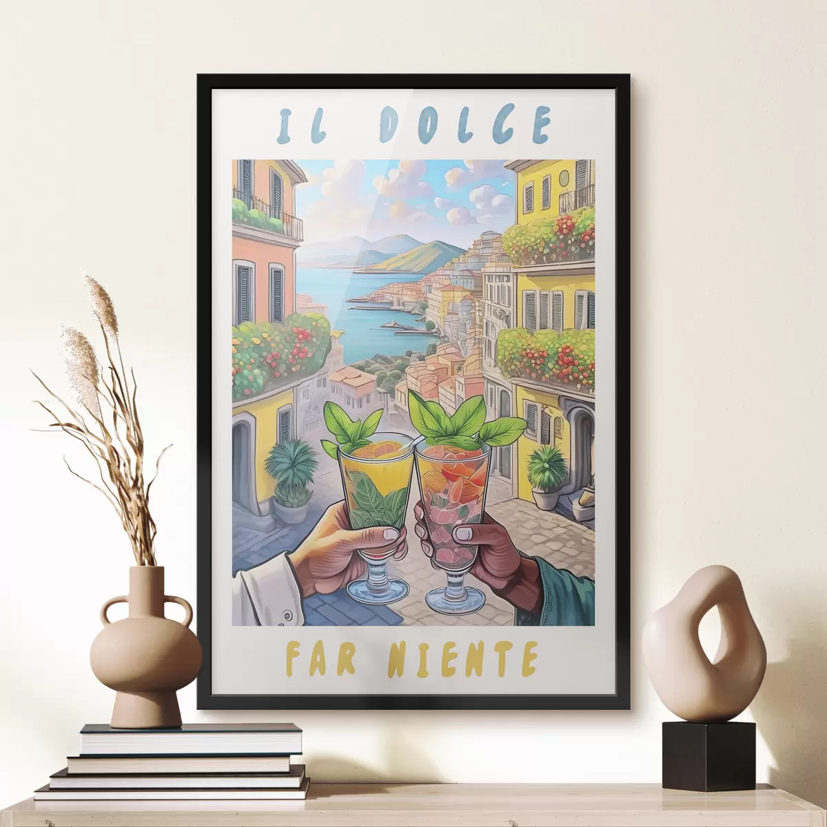 Plakatas Italijos miestas, jūros pakrantė, kokteiliai, pašaukimas, architektūra, vasara, akvarelė f38392