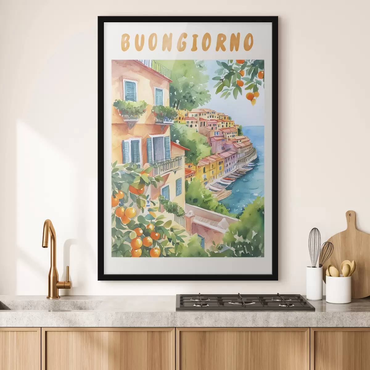 Plakatas Italijos miesto architektūra, Amalfio jūros pakrantė, vasara, akvarelė, citrinmedis f38393