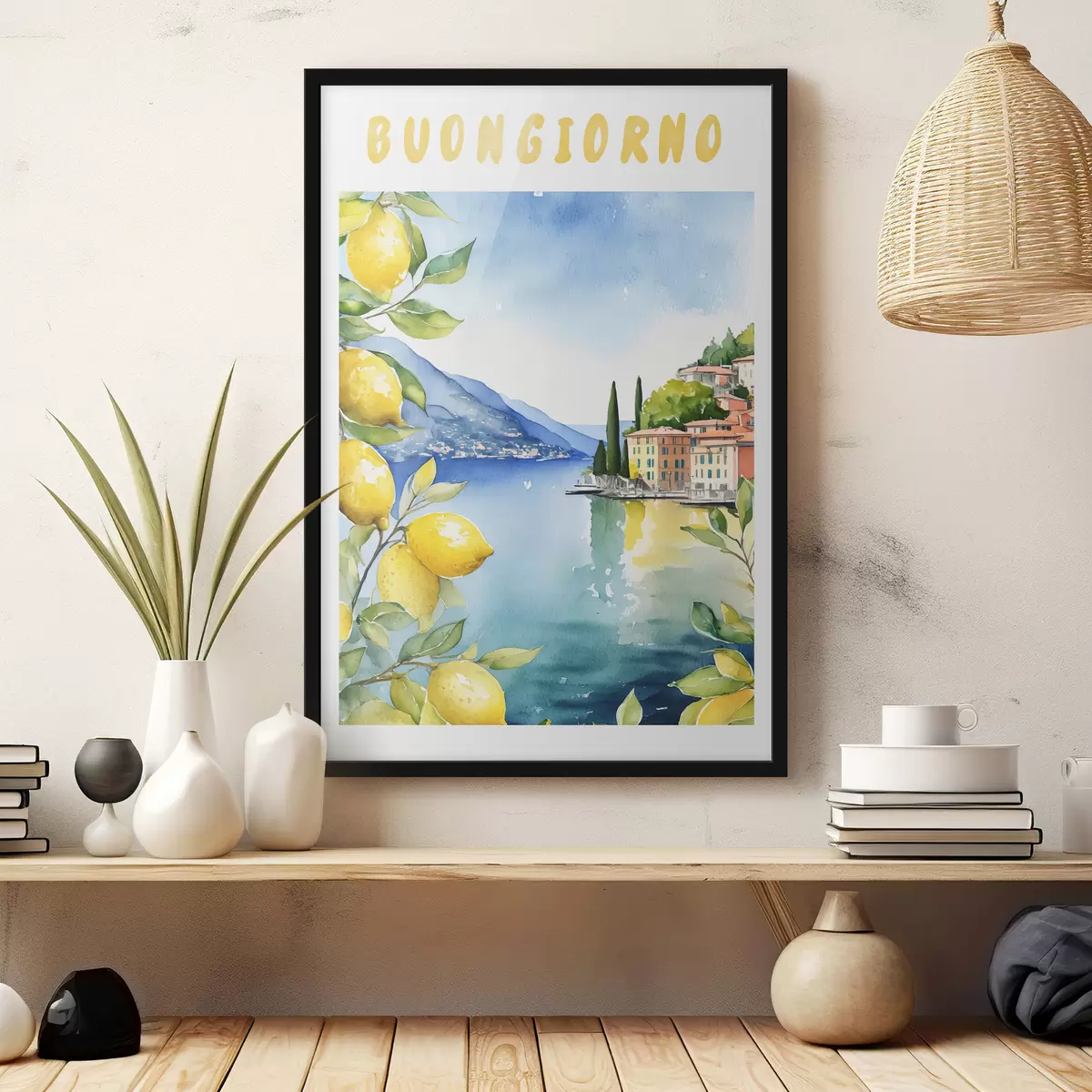 Plakatas Italijos ežeras, vasara, akvarelė, gamtos peizažas, citrinos, miesto architektūra f38394