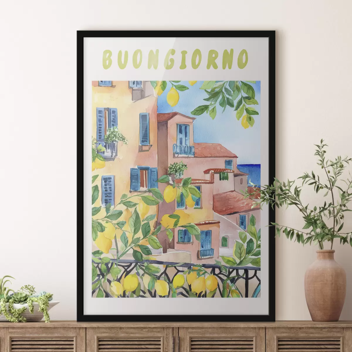 Plakatas Italijos miesto architektūra, jūros pakrantė, vasara, akvarelė, citrinmedis f38395