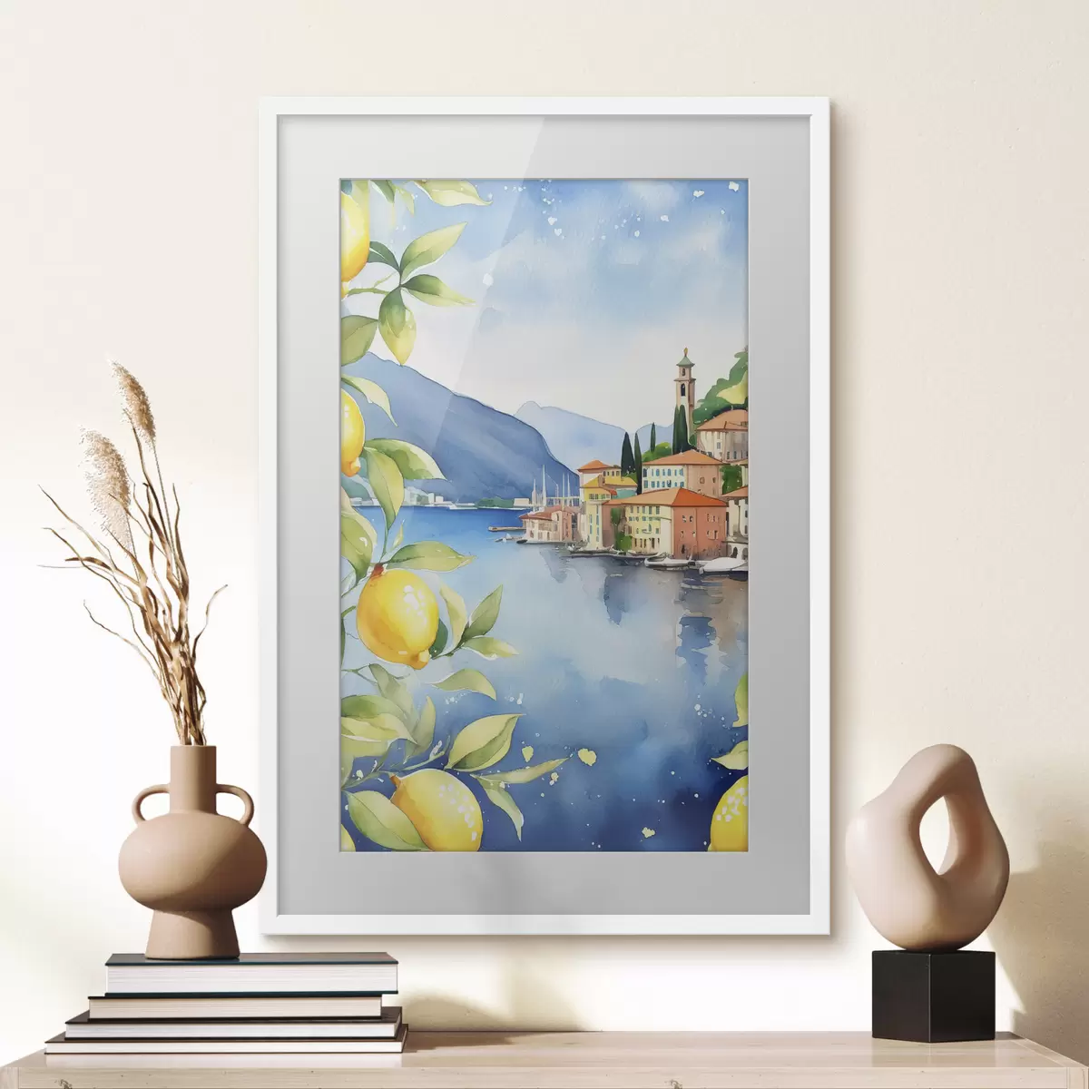 Plakatas Italijos ežeras, vasara, akvarelė, gamtos peizažas, citrinos, miesto architektūra f38397