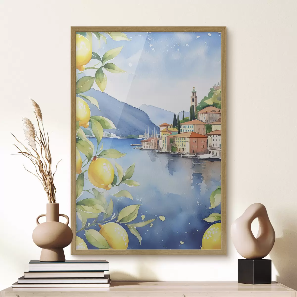 Plakatas Italijos ežeras, vasara, akvarelė, gamtos peizažas, citrinos, miesto architektūra f38397