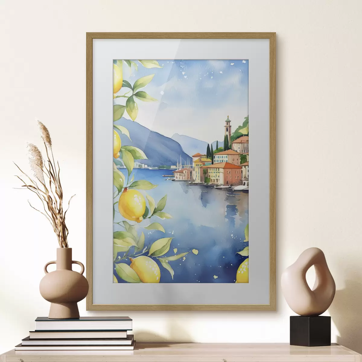 Plakatas Italijos ežeras, vasara, akvarelė, gamtos peizažas, citrinos, miesto architektūra f38397