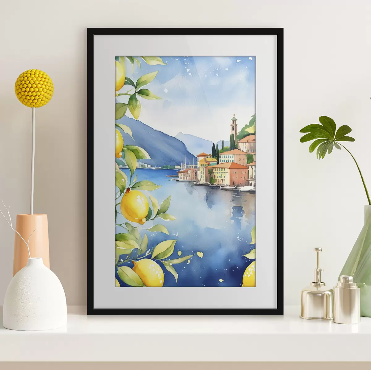 Plakatas Italijos ežeras, vasara, akvarelė, gamtos peizažas, citrinos, miesto architektūra f38397