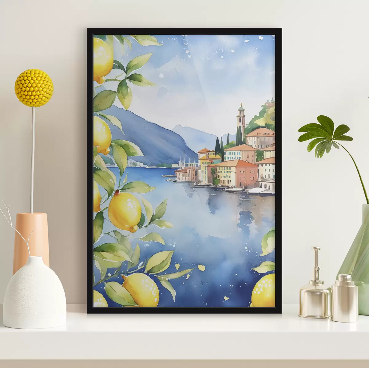 Plakatas Italijos ežeras, vasara, akvarelė, gamtos peizažas, citrinos, miesto architektūra f38397