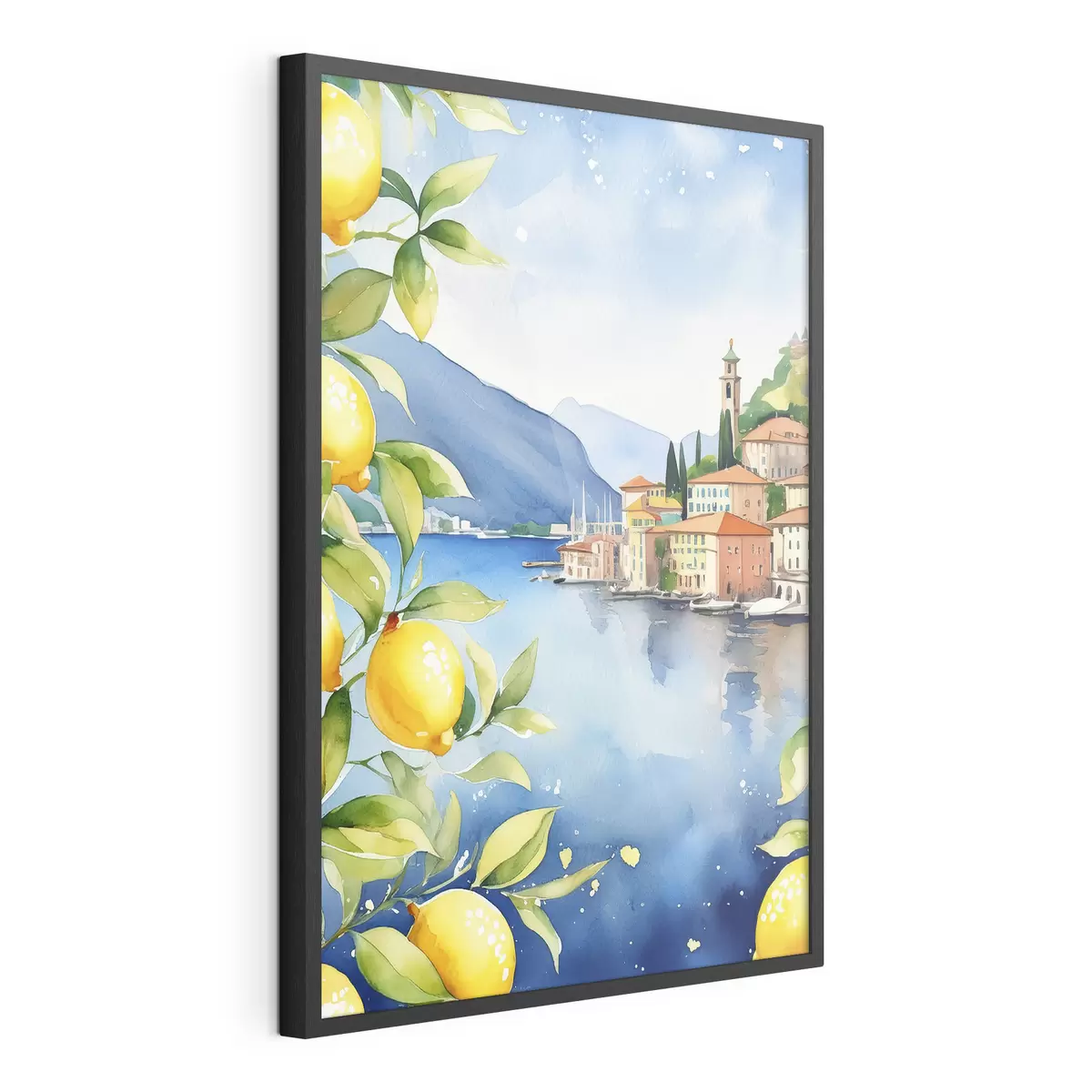 Plakatas Italijos ežeras, vasara, akvarelė, gamtos peizažas, citrinos, miesto architektūra f38397