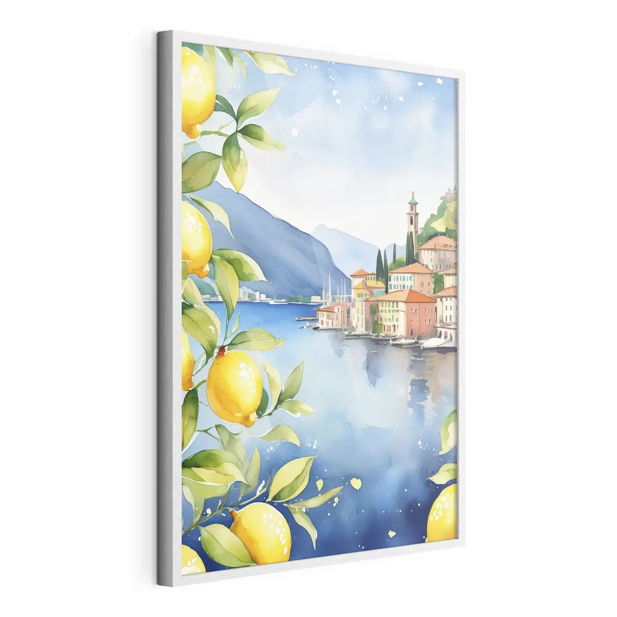 Plakatas Italijos ežeras, vasara, akvarelė, gamtos peizažas, citrinos, miesto architektūra f38397