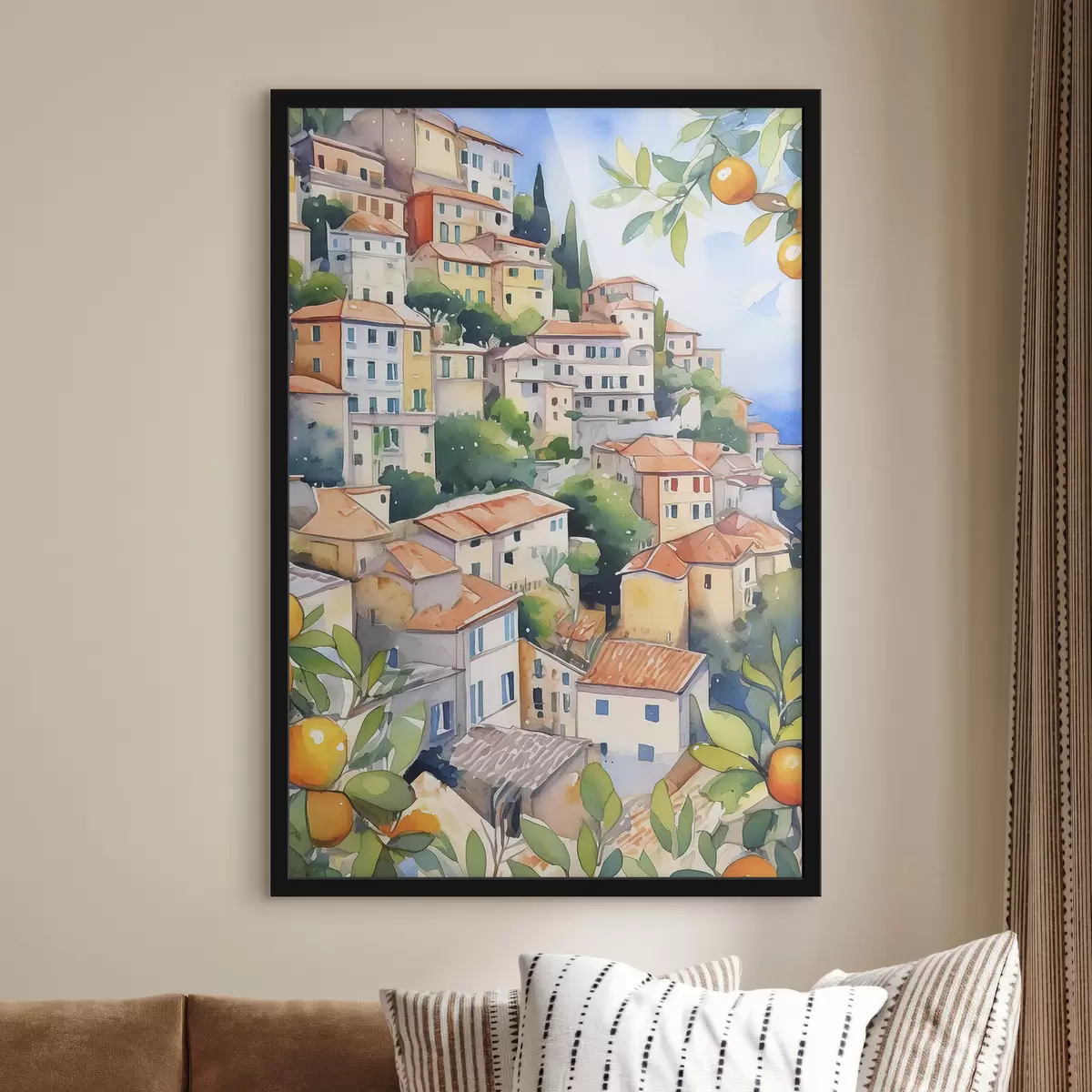 Plakatas Viduržemio jūros architektūra, akvarelė, vasara, apelsinai, senamiestis f38396
