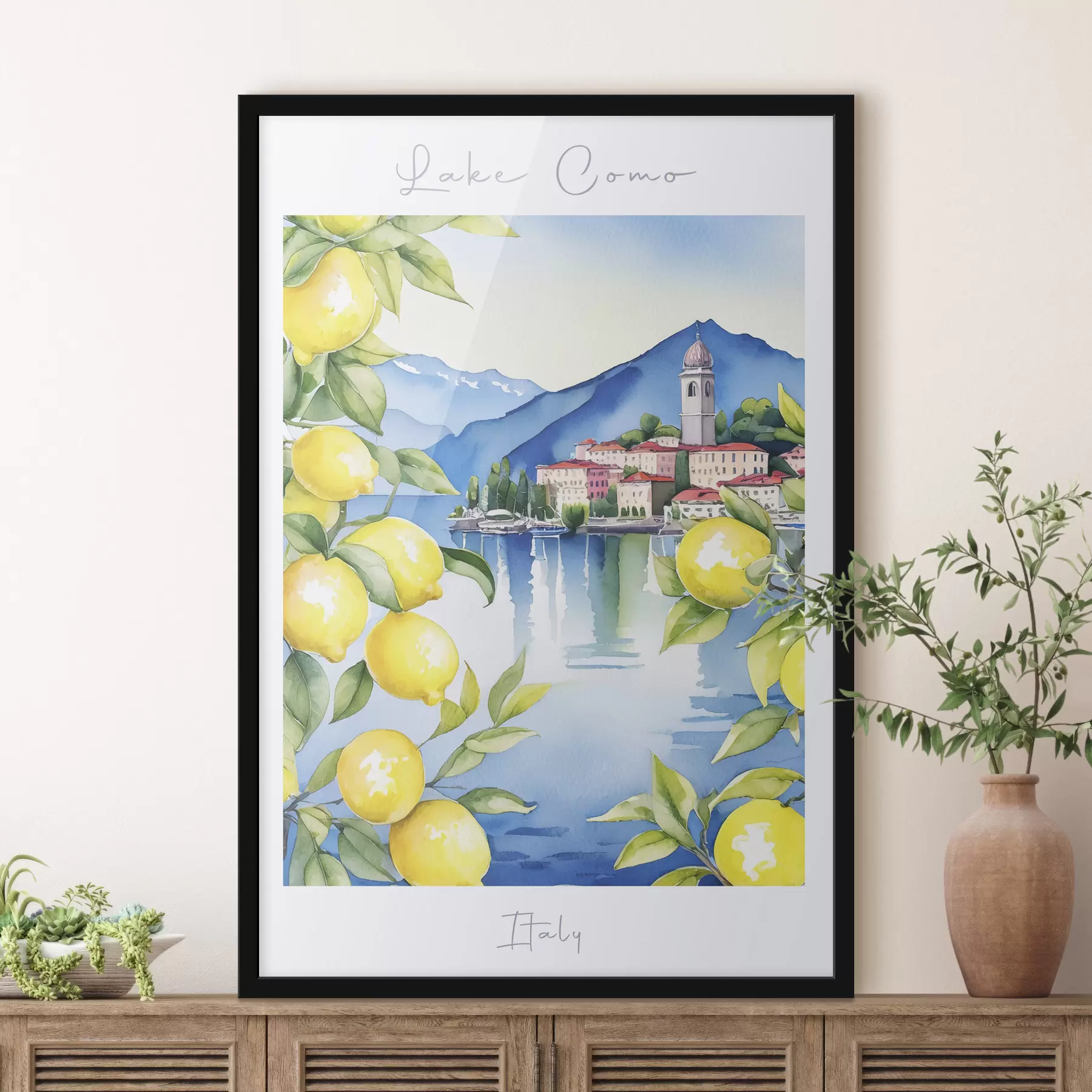 Fototapetai Komo ežeras, akvarelė, Italija, vasara, kalnai, citrinmedis, jūra, senamiestis f38398