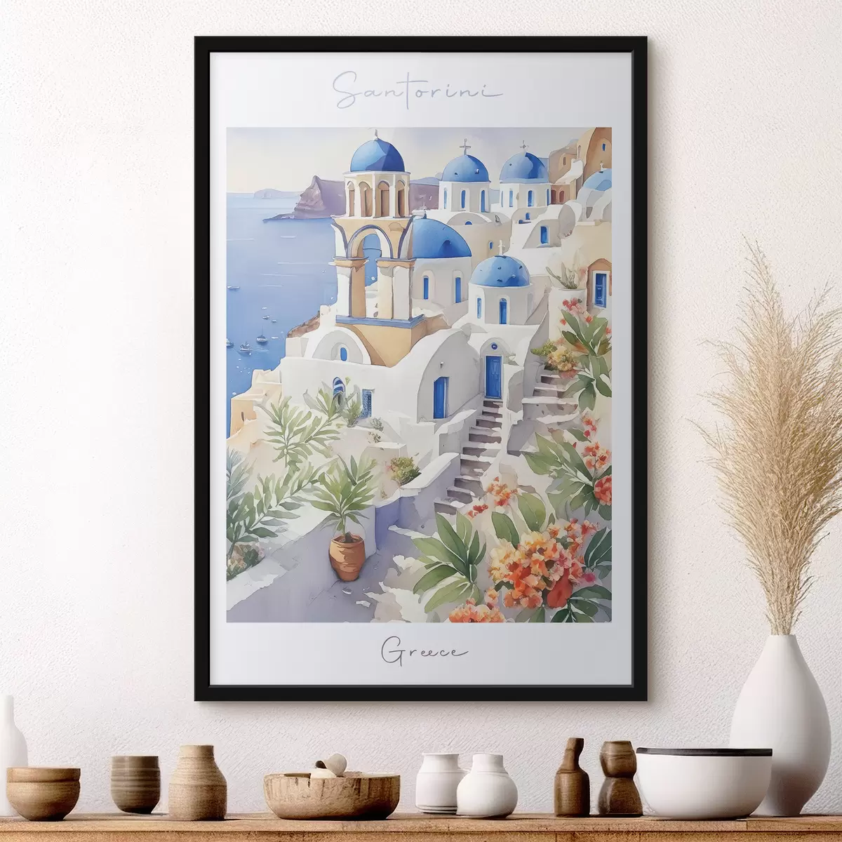 Plakatas Santorini, Graikija architektūra, akvarelė, vasara, Viduržemio jūros pakrantė f38400