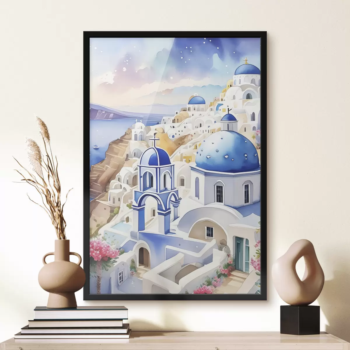Plakatas Santorini, Graikija architektūra, akvarelė, gėlės, Viduržemio jūros pakrantė f38401