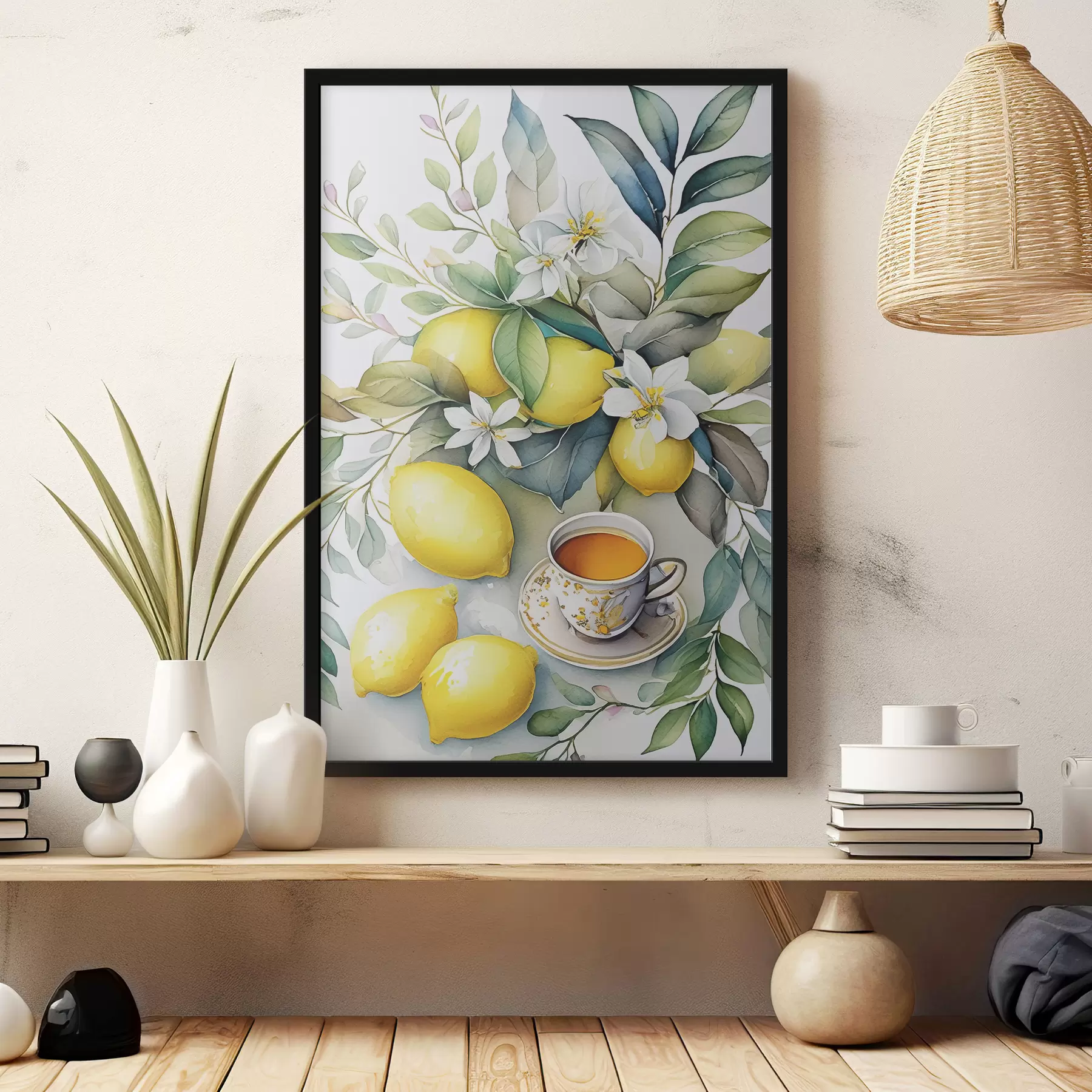 Fototapetai Citrinos ir gėlės, akvarelė, pusryčiai, arbatos puodelis, bohemiškas stilius f38403