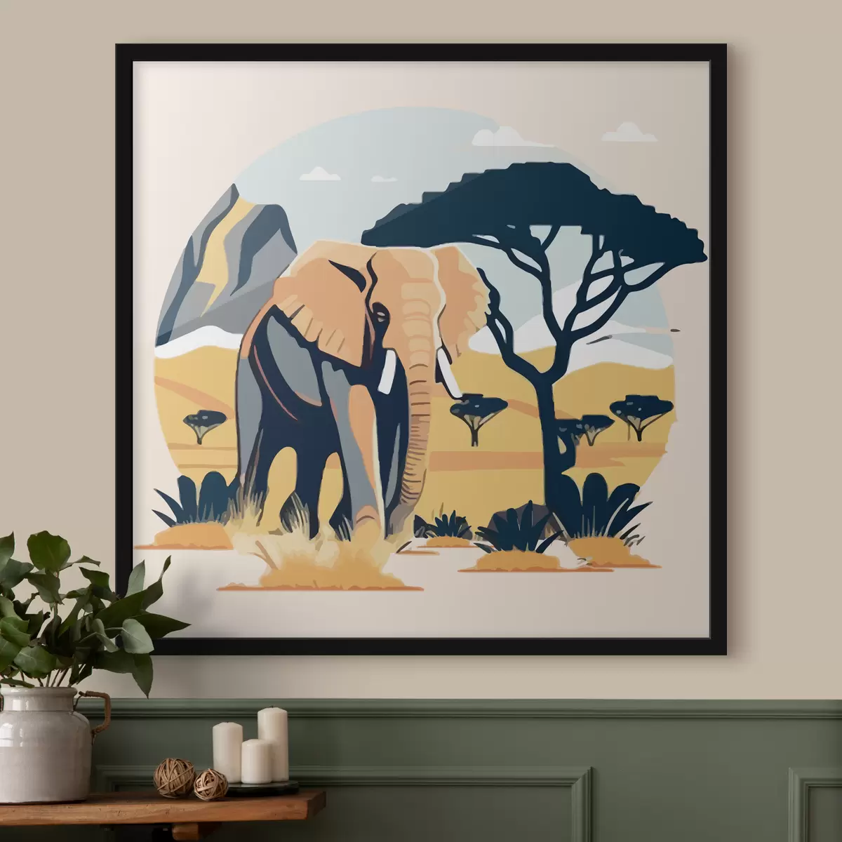 Plakatas dramblys, medžiai, kalnai, safaris, pastelė f38448