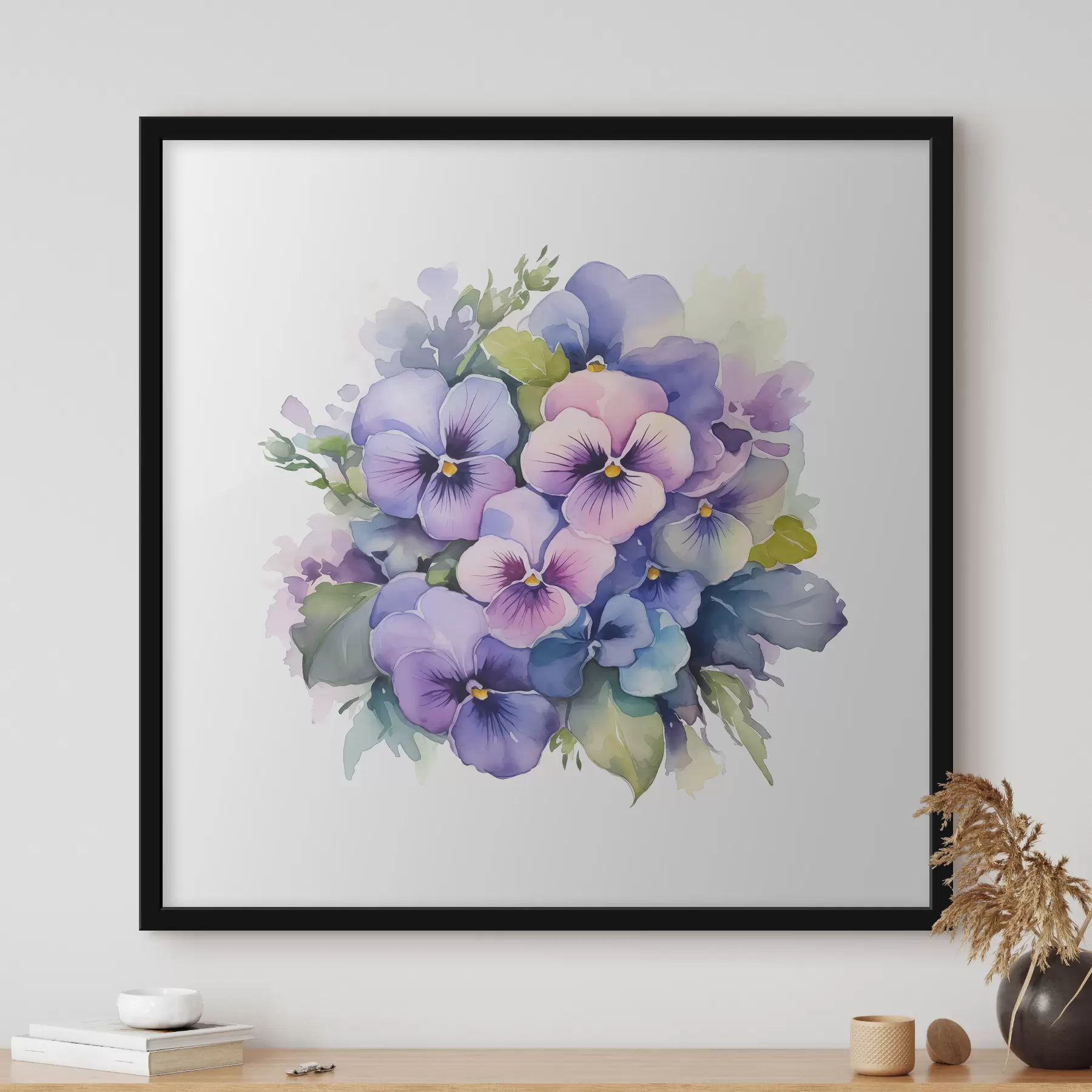 Paveikslėlis Violetinė akvarelės iliustracija, puokštė, gėlės, mėlyna, violetinė, žalia spalva f38486