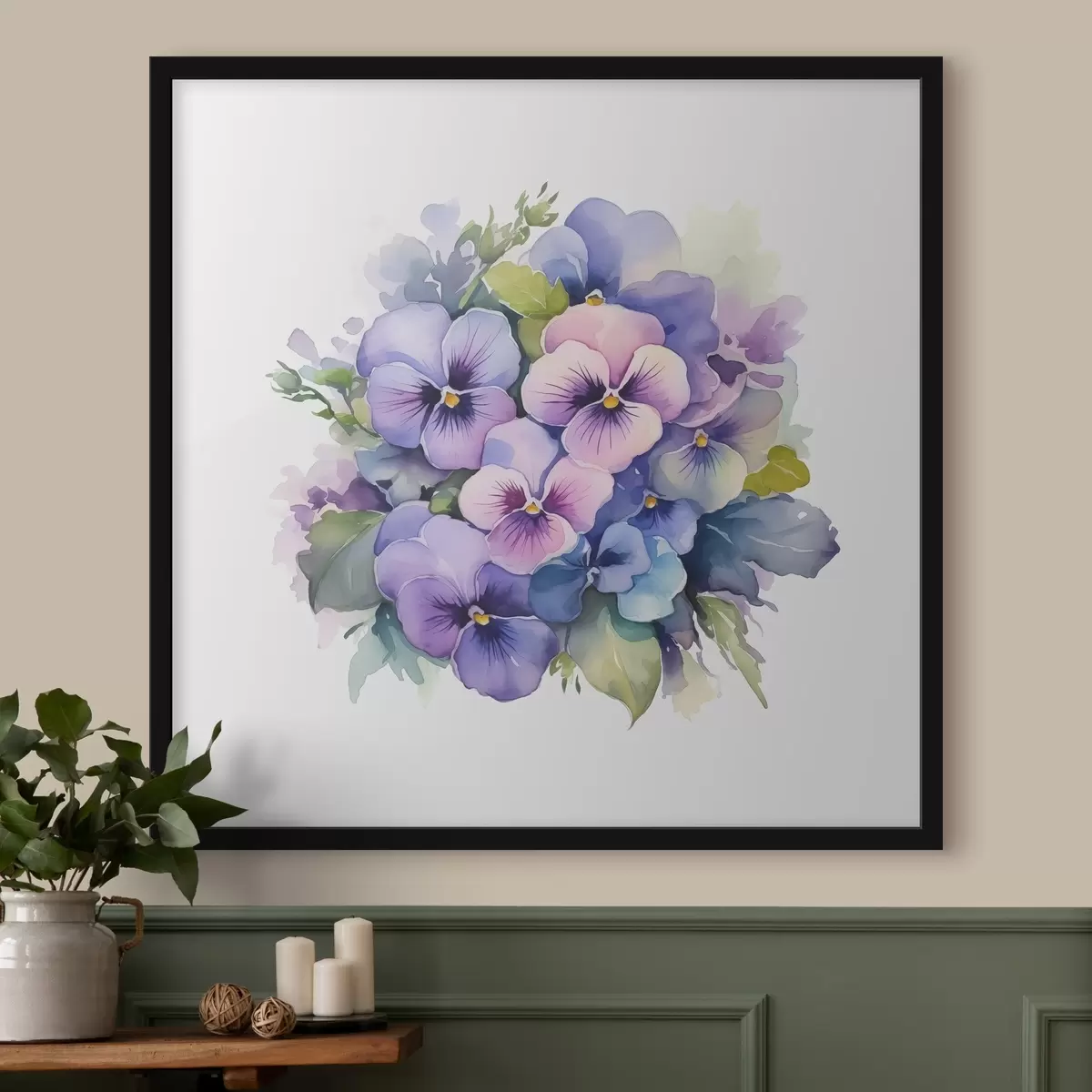 Plakatas Violetinė akvarelės iliustracija, puokštė, gėlės, mėlyna, violetinė, žalia spalva f38486