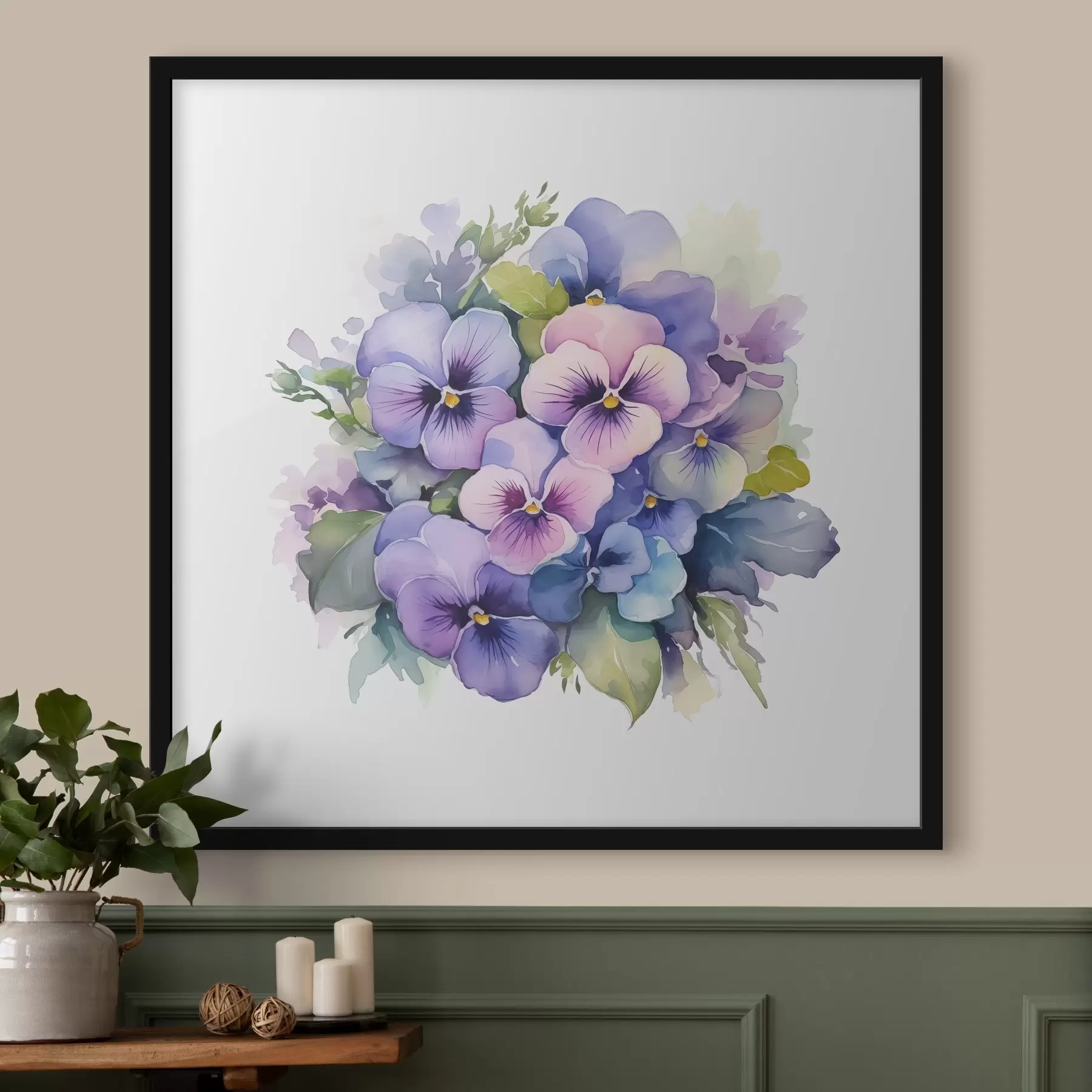 Paveikslėlis Violetinė akvarelės iliustracija, puokštė, gėlės, mėlyna, violetinė, žalia spalva f38486