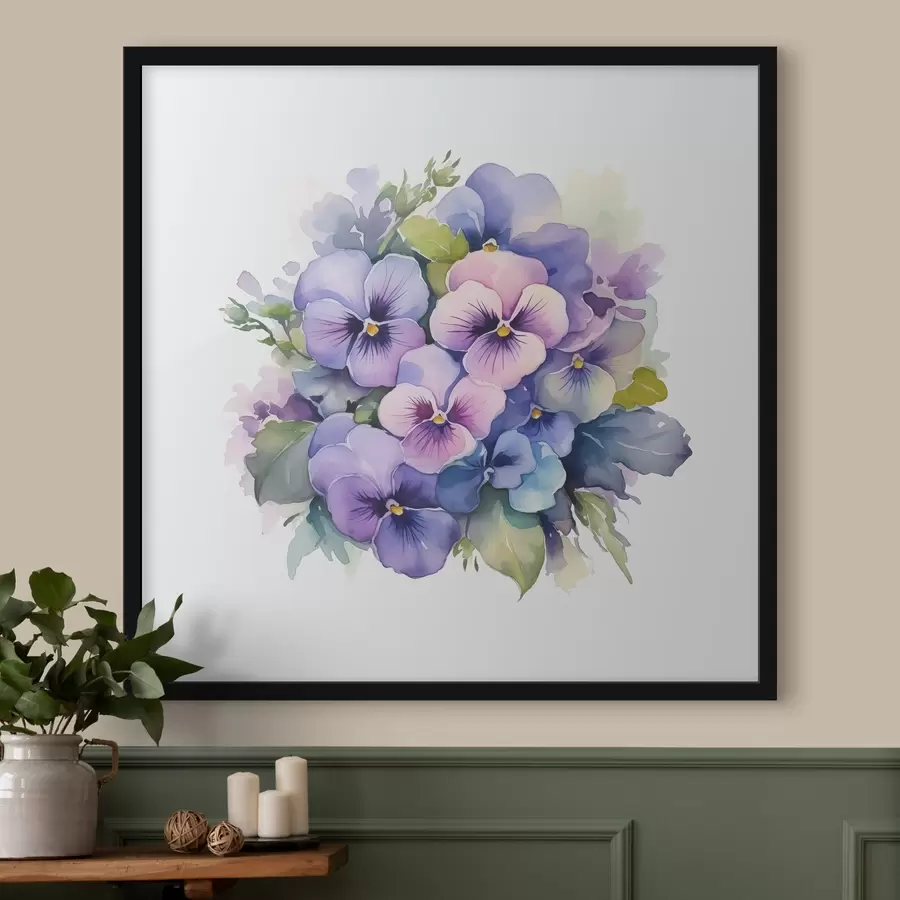 Fototapetai Violetinė akvarelės iliustracija, puokštė, gėlės, mėlyna, violetinė, žalia spalva f38486