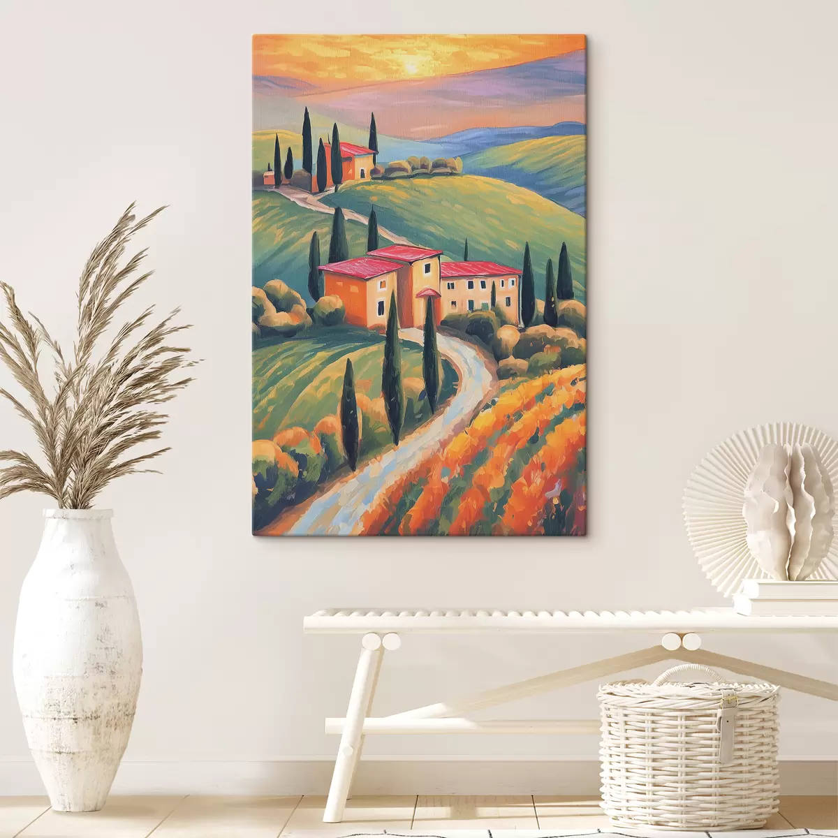 Paveikslėlis Toskanos peizažai, Italija, akrilo menas, seni namai, laukai, vasara s38488
